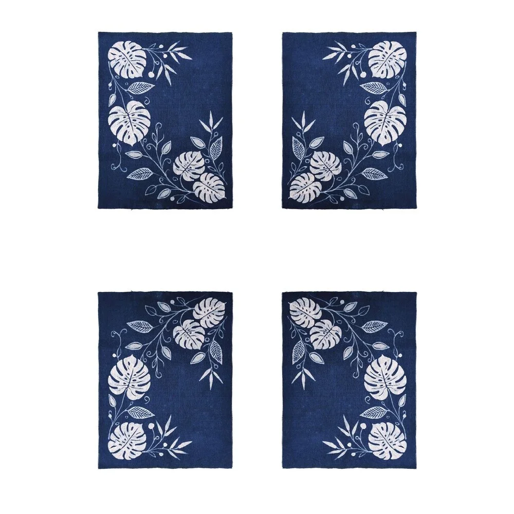 Handmade Indigo Batik Monstera Placemats, Botanical Table Mats, Kitchen Dining